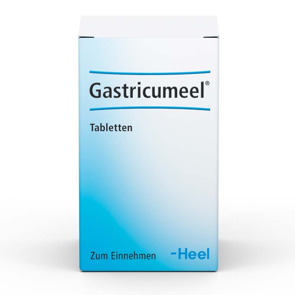 Schachtel mit Gastricumeel® Tabletten. Weiß, blau und hellblau. Schriftzug: Gastricumeel® Tabletten.