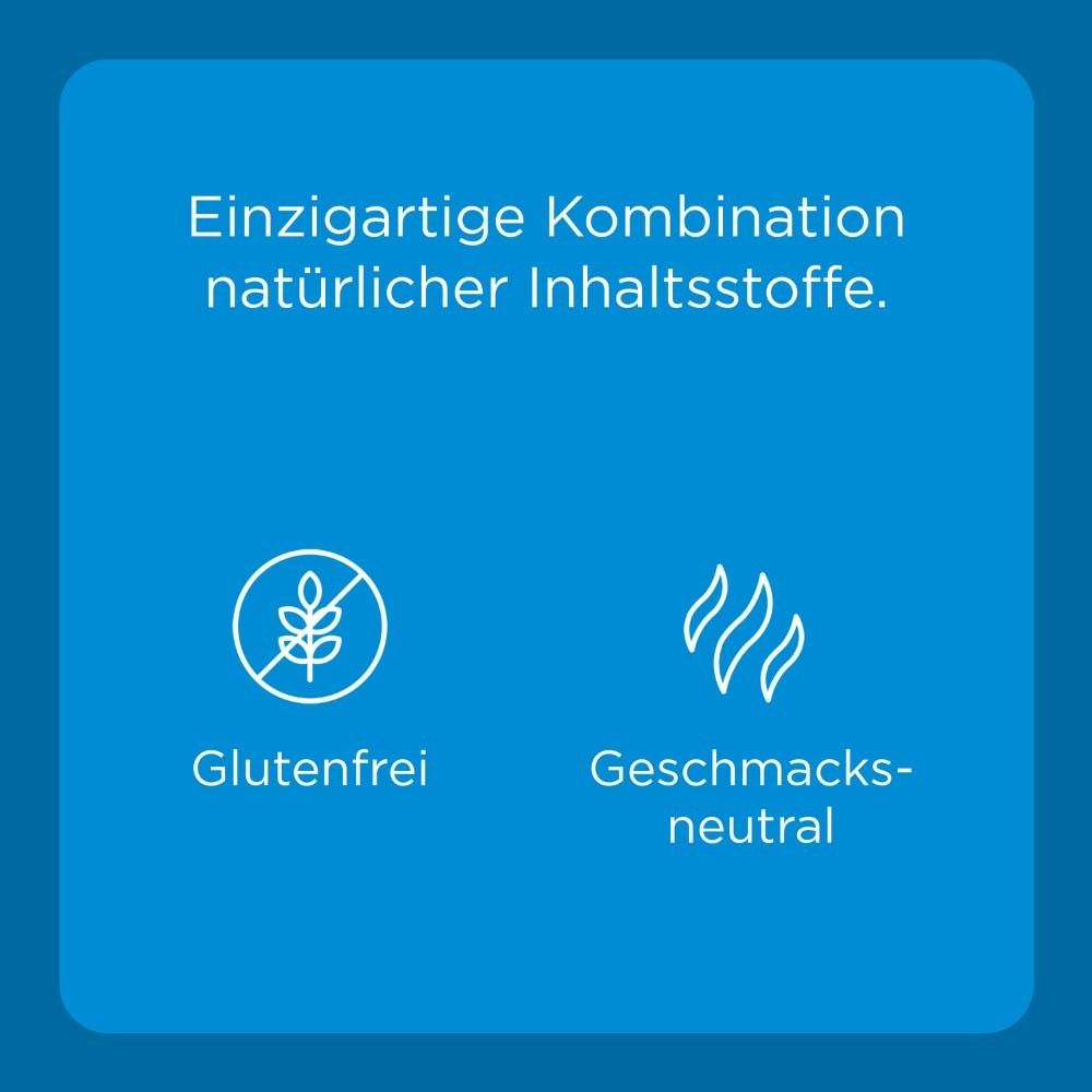 Blauer Kasten mit Text: Einzigartige Kombination natürlicher Inhaltsstoffe. Glutenfrei, geschmacksneutral.