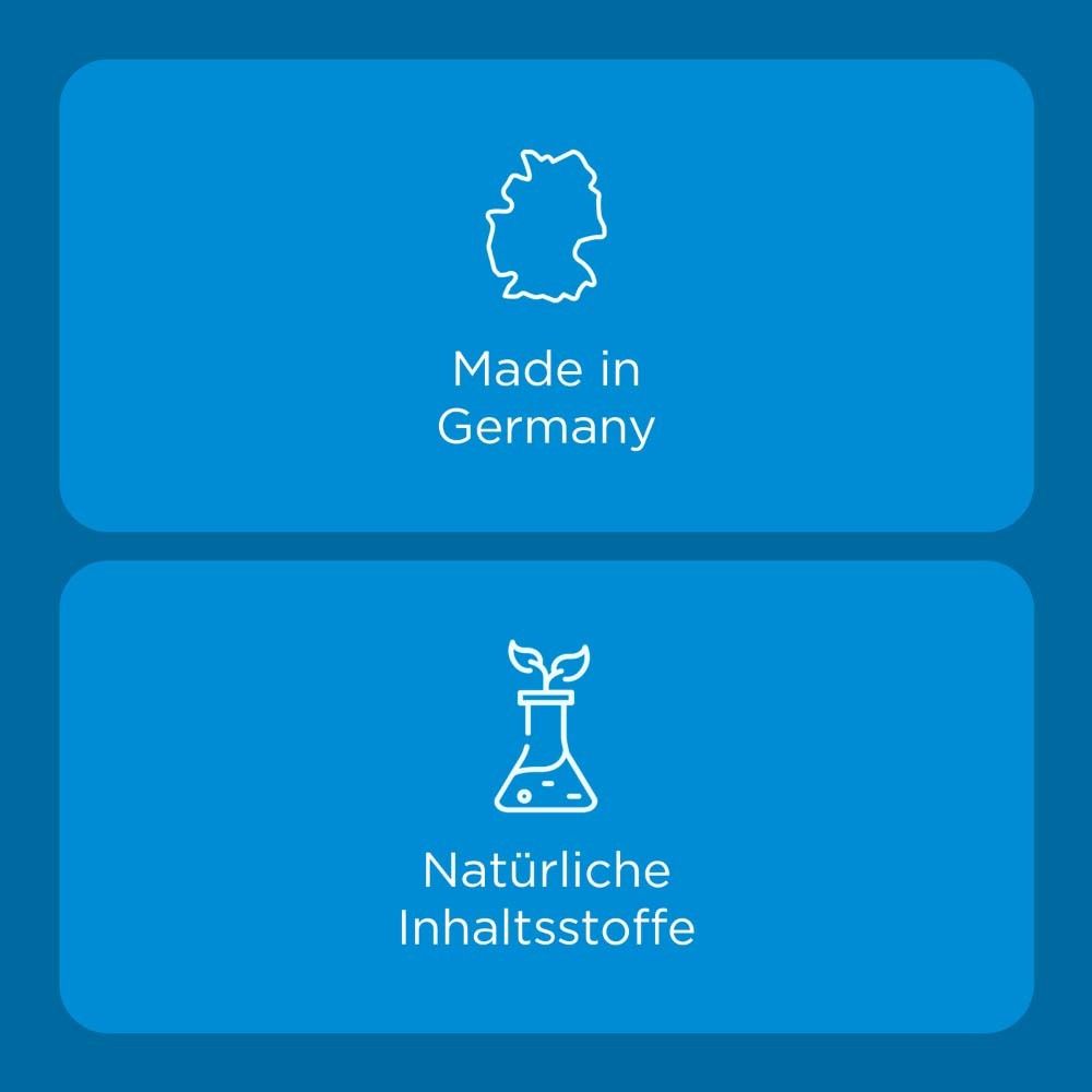 Blauer Hintergrund mit Symbolen und Text: Made in Germany, Natürliche Inhaltsstoffe.
