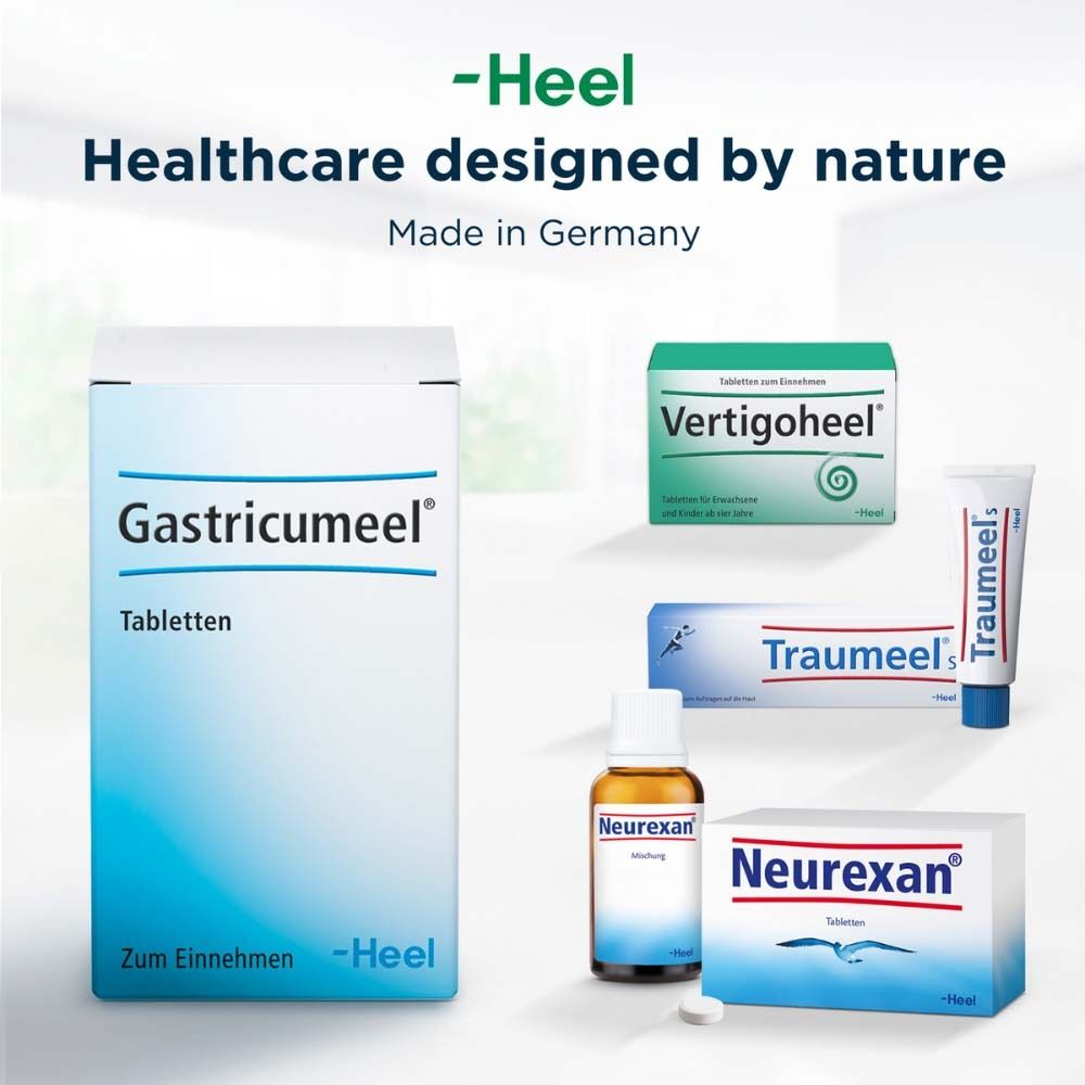 Verschiedene Heel-Produkte, darunter Gastricumeel® Tabletten. Healthcare designed by nature. Made in Germany.