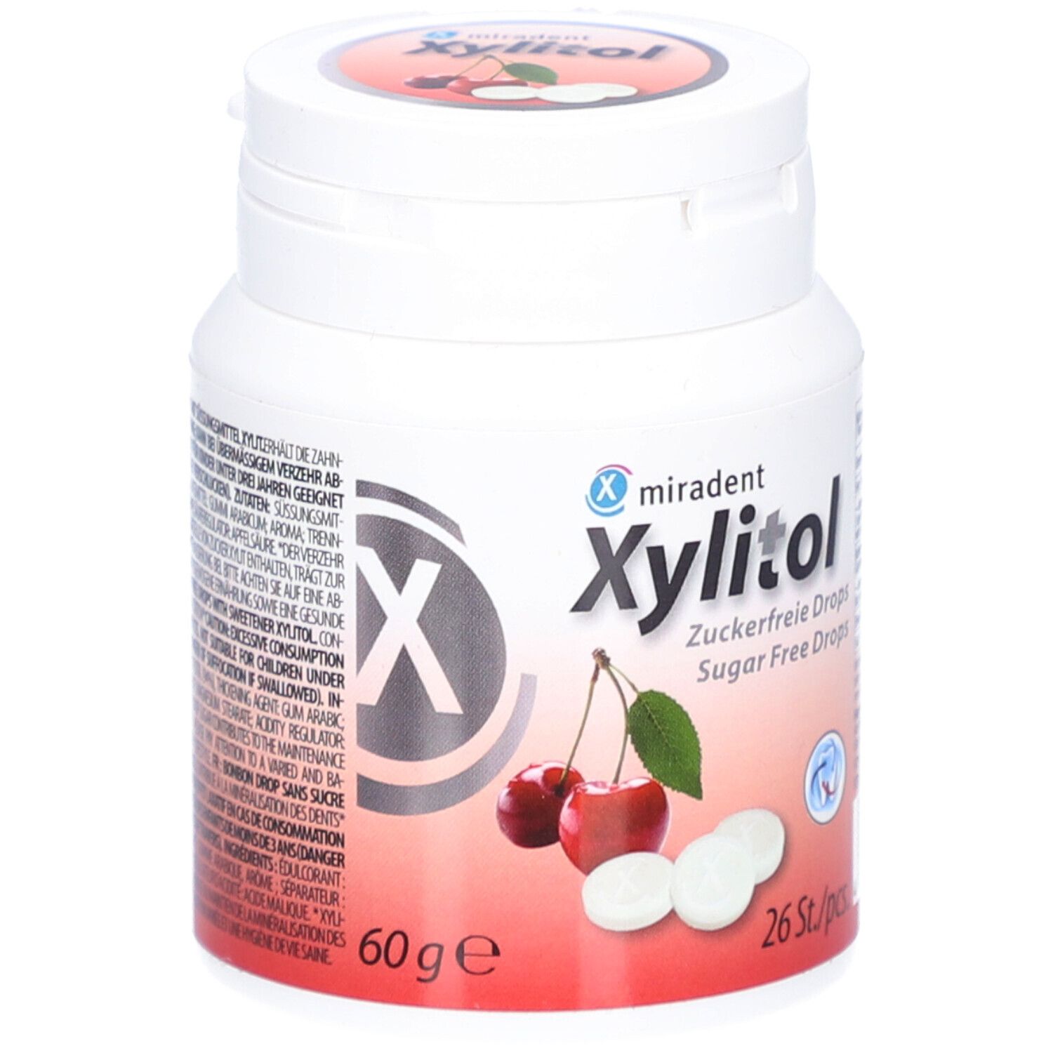 Weißes Döschen mit Xylitol Drops. Kirschen und Tabletten abgebildet. Aufschrift: Zuckerfrei, 60g, 26 Stk.