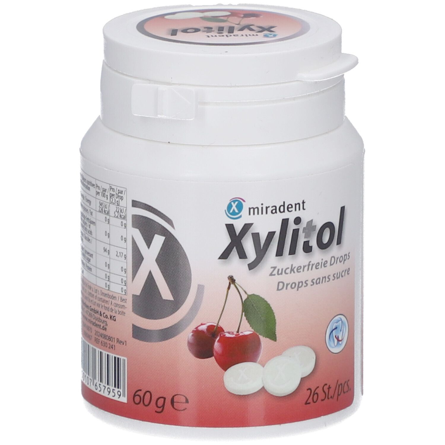 Weißes Döschen mit Xylitol Drops. Kirschen und Tabletten abgebildet. Aufschrift: Zuckerfrei, 60g, 26 Stk.
