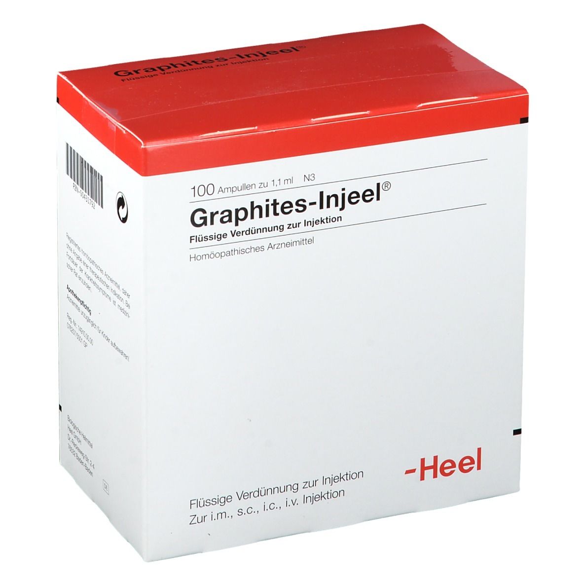 Weiße Schachtel mit rotem Deckel. Aufschrift: Graphites-Injeel, 100 Ampullen. Marke Heel.