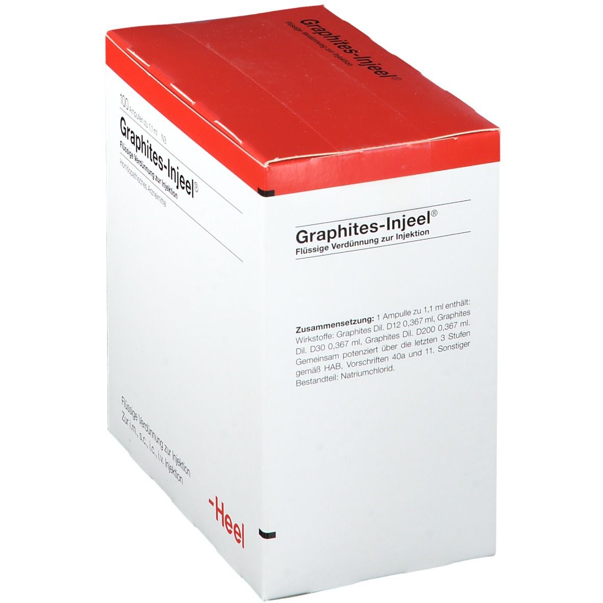 Weiße Schachtel mit rotem Deckel. Aufschrift: Graphites-Injeel. Text über Inhaltsstoffe. Marke Heel.