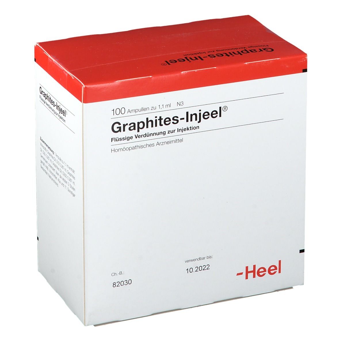 Weiße Schachtel mit rotem Deckel. Aufschrift: Graphites-Injeel, 100 Ampullen. Verfallsdatum 10.2022. Marke Heel.