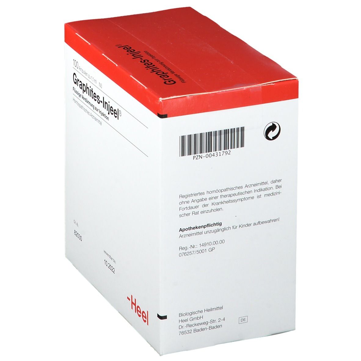 Weiße Schachtel mit rotem Deckel. Aufschrift: Graphites-Injeel. Text über homöopathisches Arzneimittel. Marke Heel.