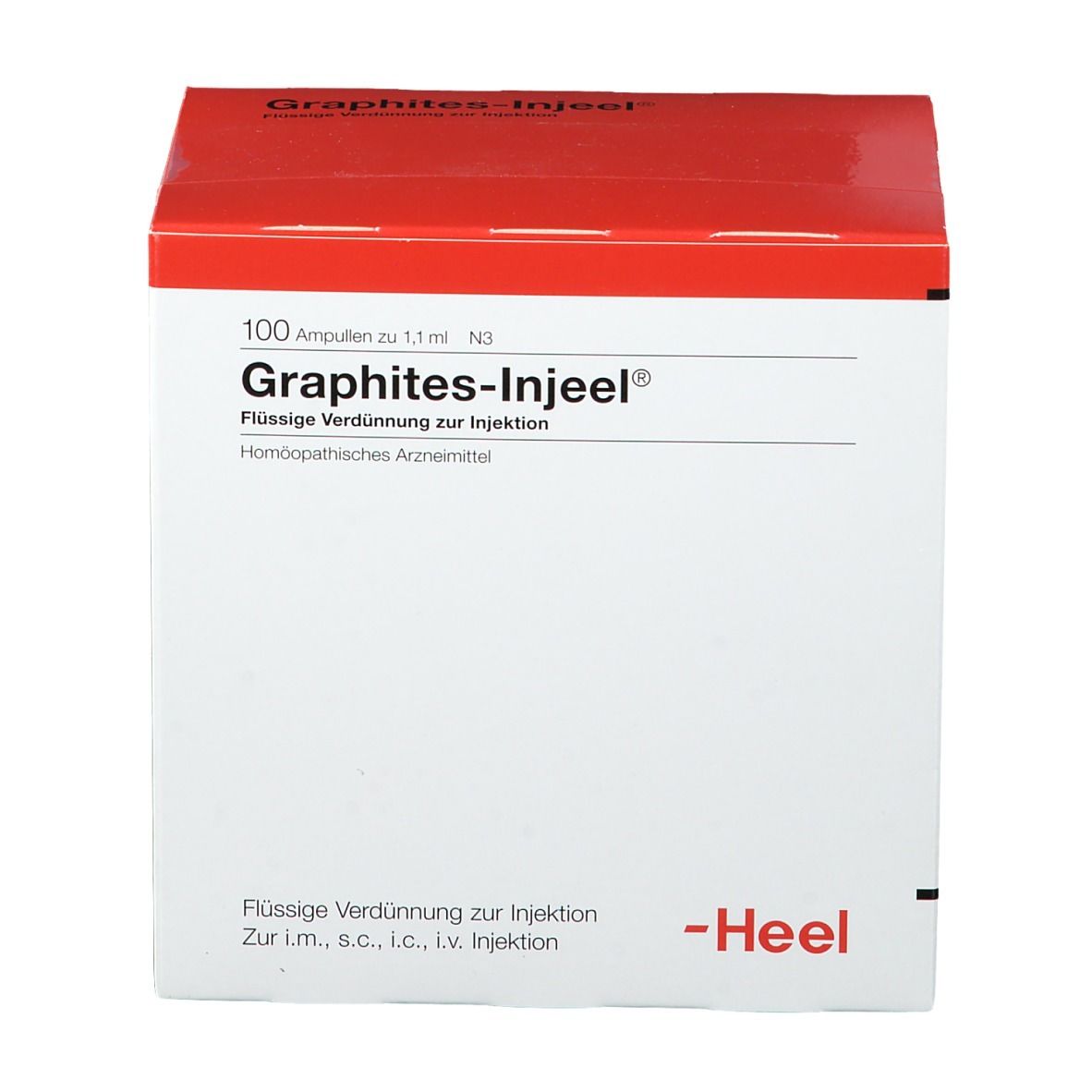 Weiße Schachtel mit rotem Deckel. Aufschrift: Graphites-Injeel, 100 Ampullen. Marke Heel.