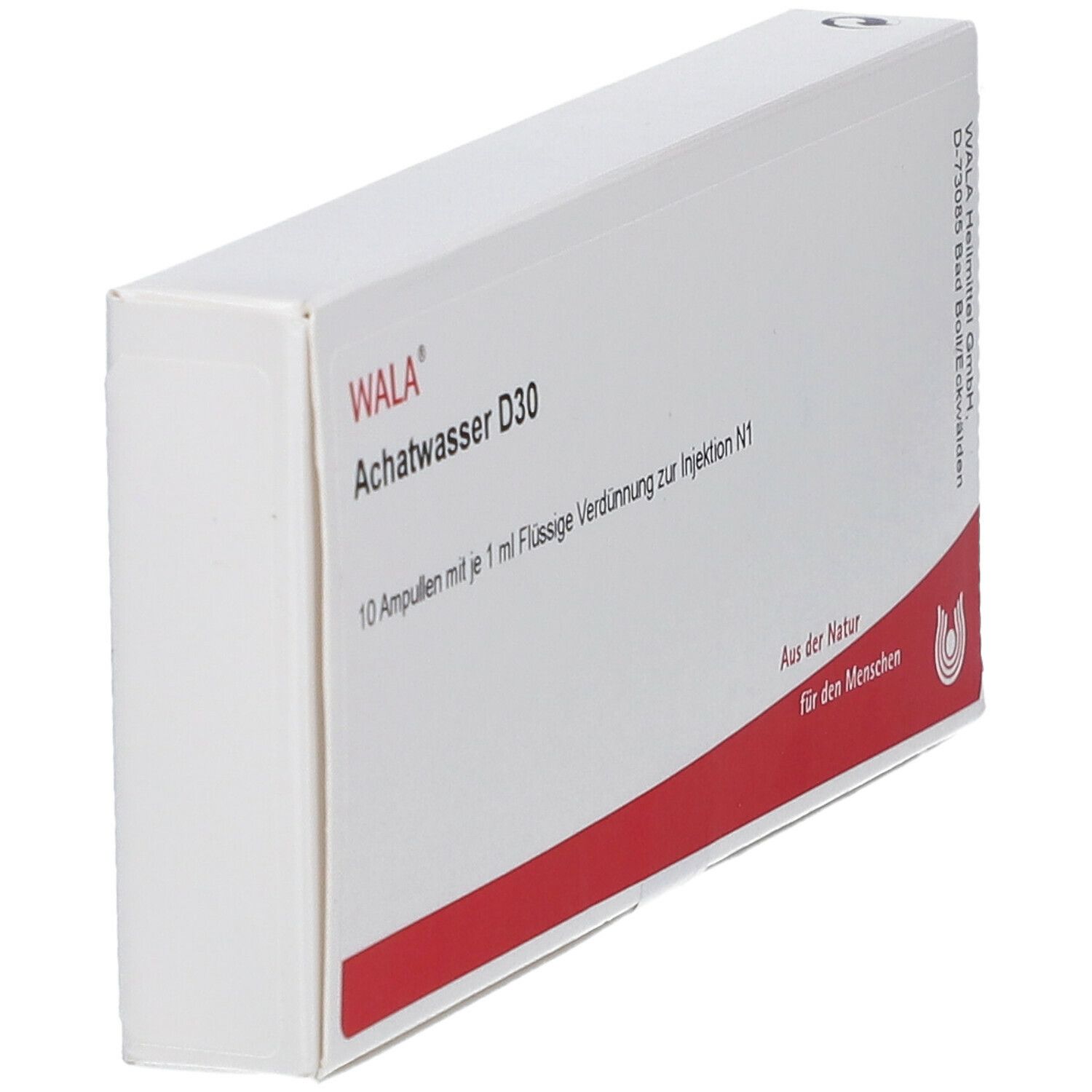 Weiße Schachtel, rote Streifen. Aufschrift: WALA Achatwasser D30. 10 Ampullen. Logo.
