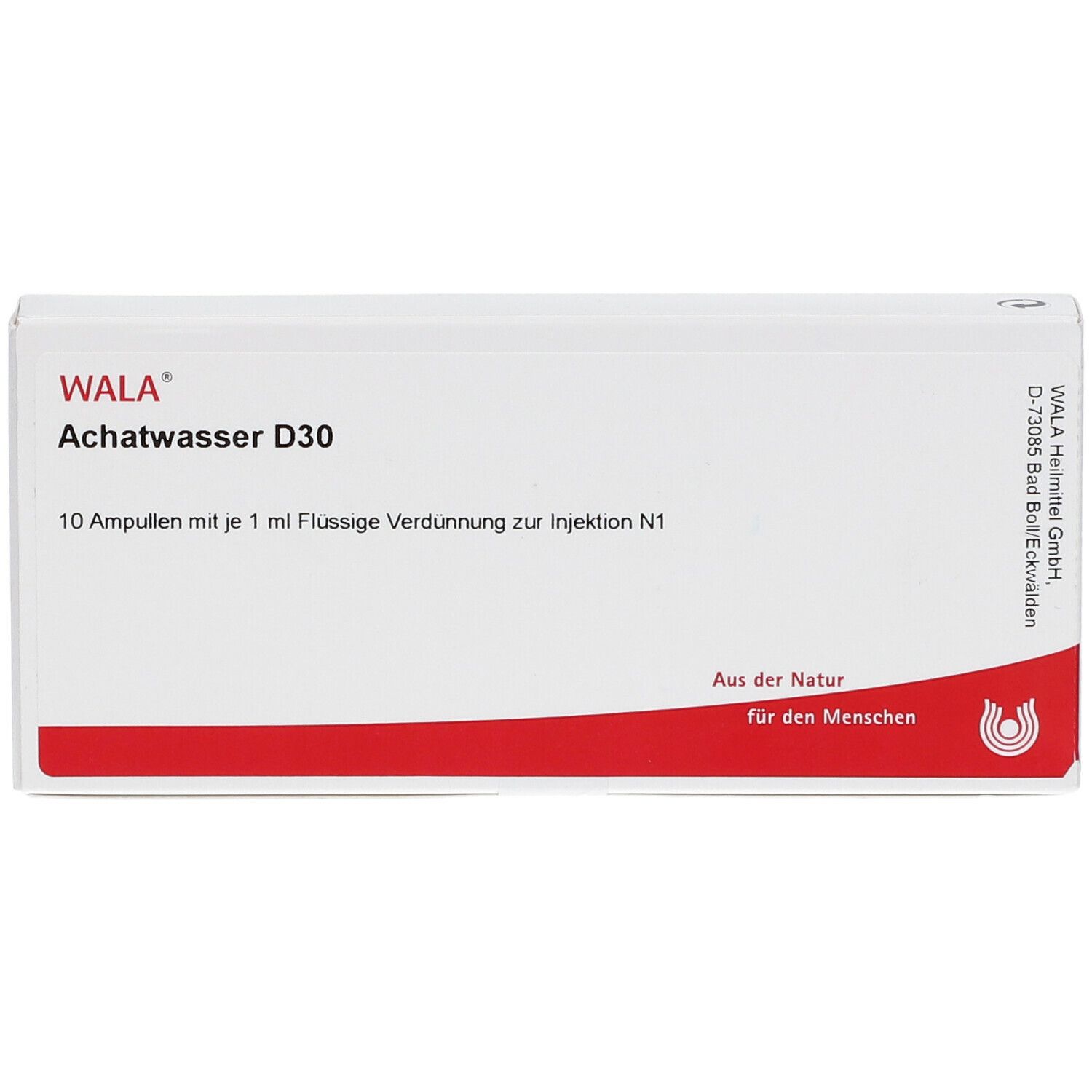 Weiße Schachtel mit rotem Streifen. Aufschrift: WALA Achatwasser D30. 10 Ampullen. Logo.