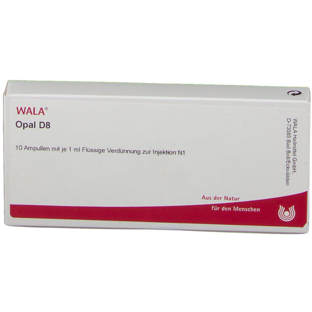 Weiße Schachtel mit rotem Streifen. Aufschrift: WALA Opal D8. 10 Ampullen mit je 1 ml Flüssige Verdünnung zur Injektion N1.