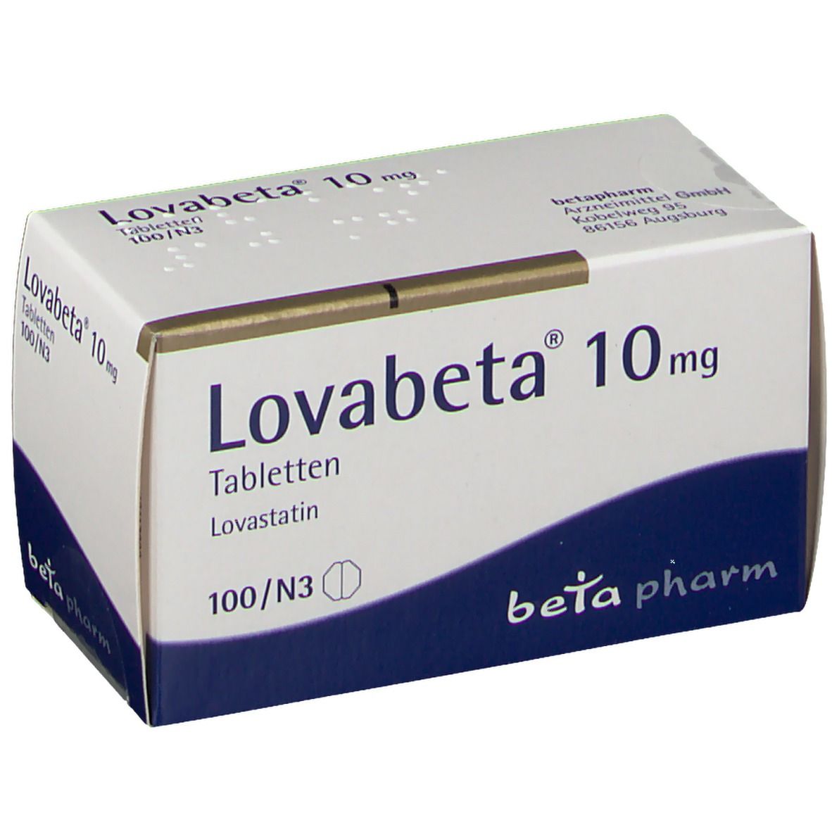 Weiße Schachtel mit Lovabeta® 10 mg. Blaue und weiße Farbgebung. Text: Tabletten, Lovastatin, 100/N3. Logo: beta pharm.
