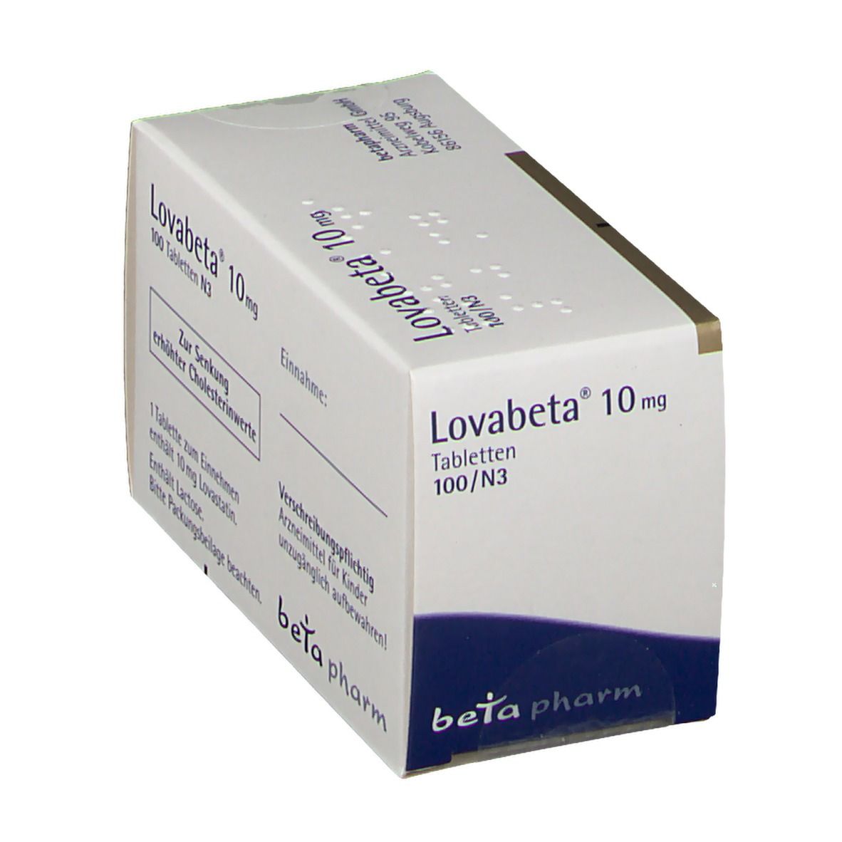 Schachtel Lovabeta® 10 mg, weiß. Text: Tabletten, 100/N3. Logo: beta pharm. Aufdruck: Zur Senkung erhöhter Cholesterinwerte.