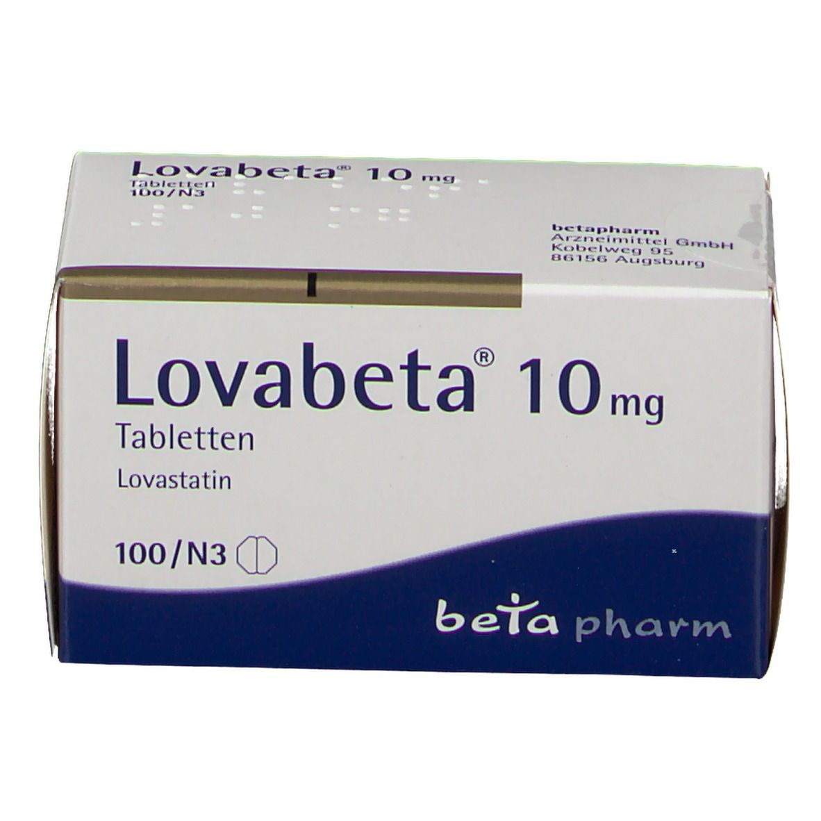 Weiße Schachtel Lovabeta® 10 mg. Text: Tabletten, Lovastatin, 100/N3. Logo: beta pharm. Blaue und weiße Farbgebung.