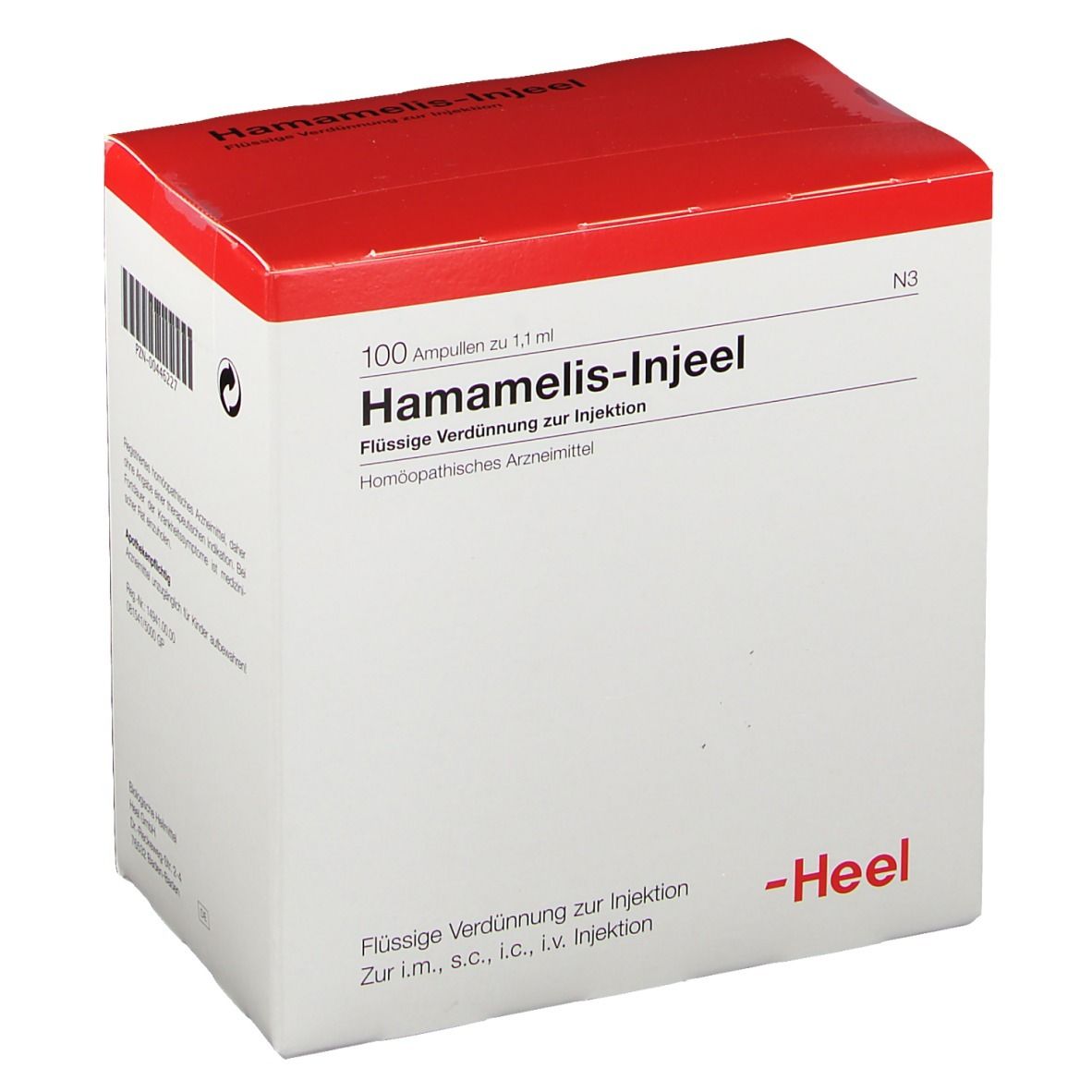 Weißer Karton mit rotem Deckel. Beschriftung: Hamamelis-Injeel, 100 Ampullen. Marke Heel.