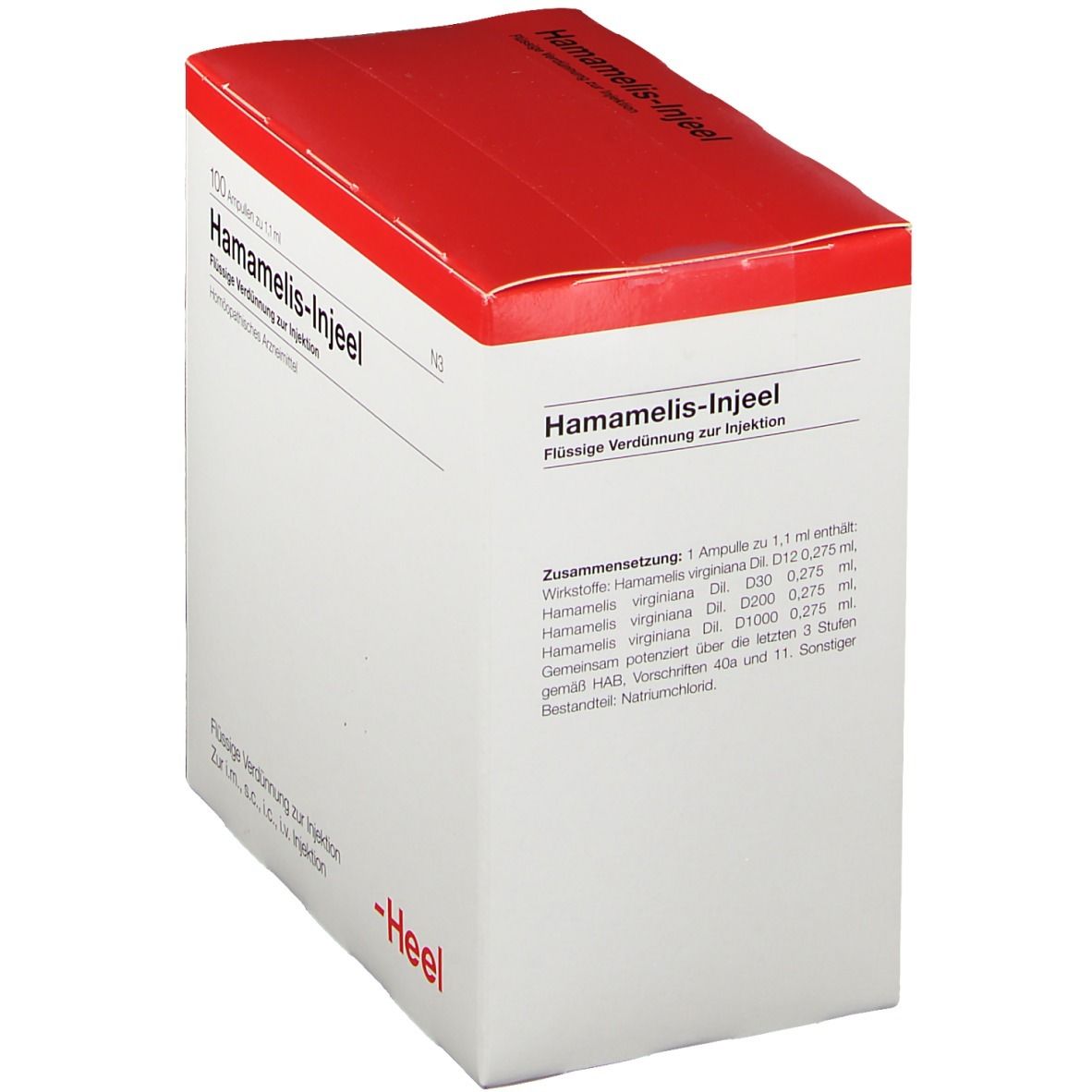 Weißer Karton mit rotem Deckel. Beschriftung: Hamamelis-Injeel. Inhaltsstoffe aufgelistet. Marke Heel.