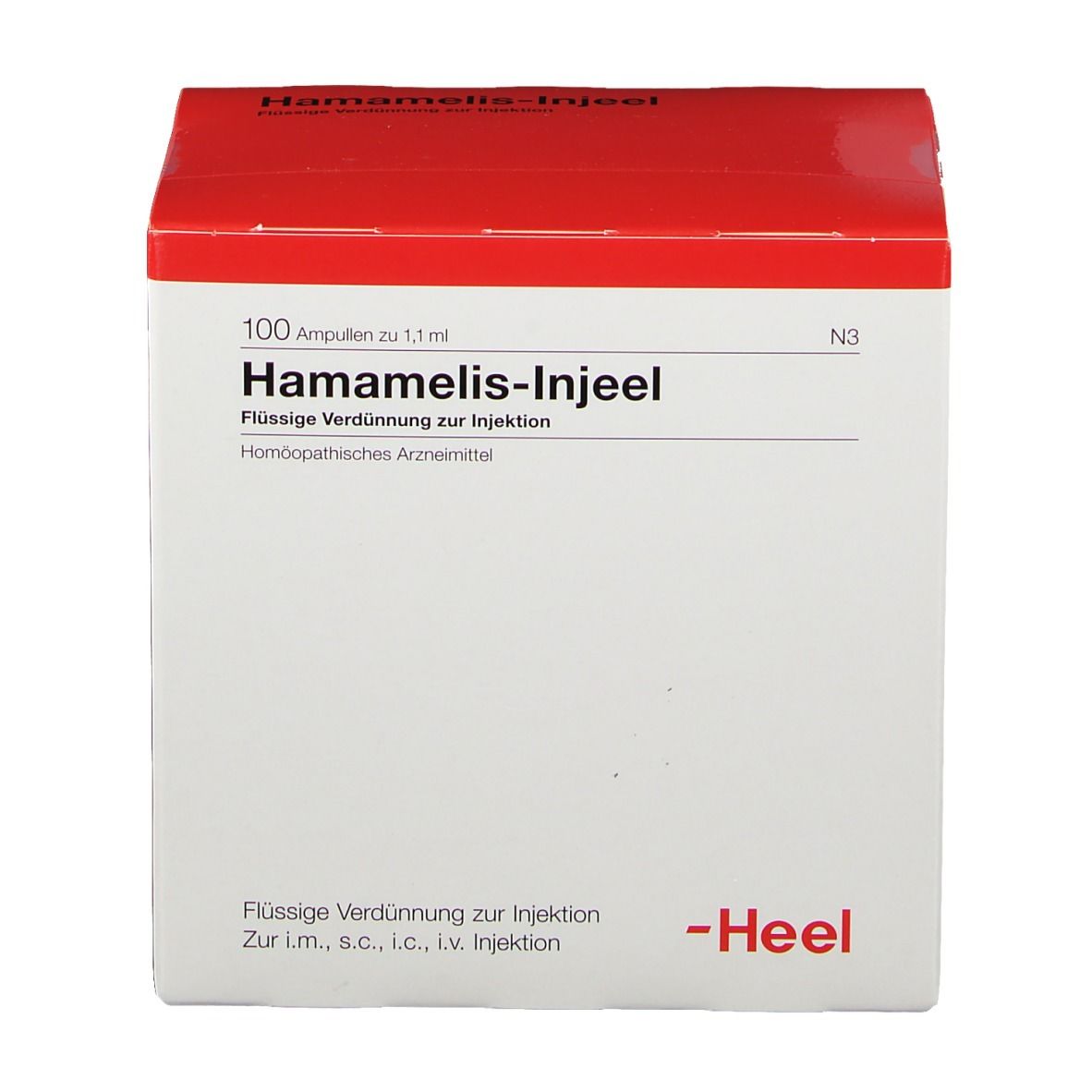Weißer Karton mit rotem Deckel. Beschriftung: Hamamelis-Injeel, 100 Ampullen. Marke Heel.
