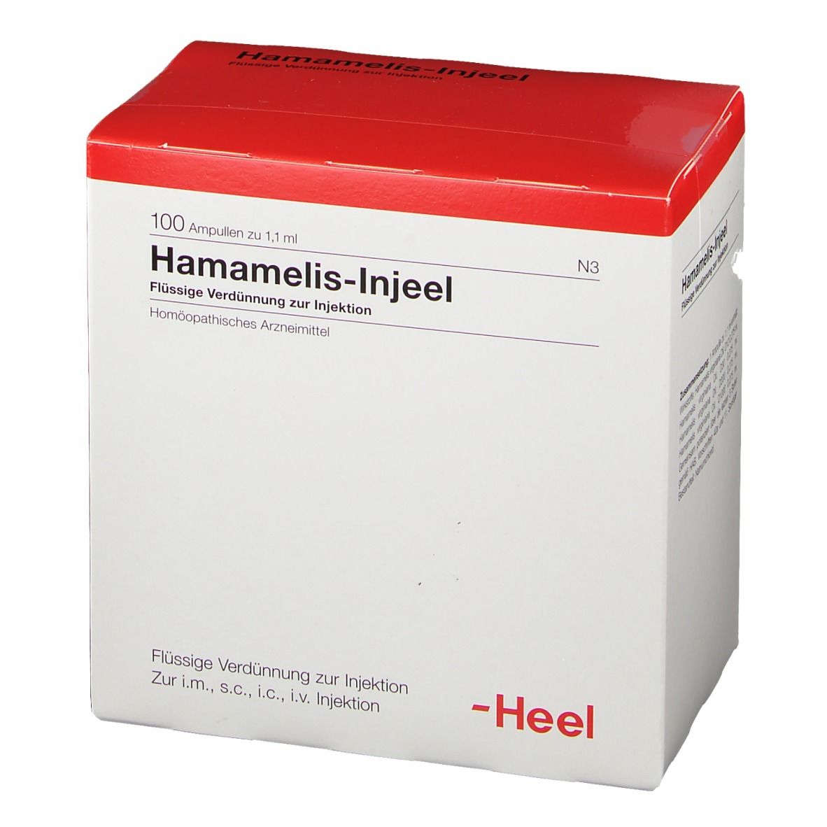 Weißer Karton mit rotem Deckel. Beschriftung: Hamamelis-Injeel, 100 Ampullen. Marke Heel.