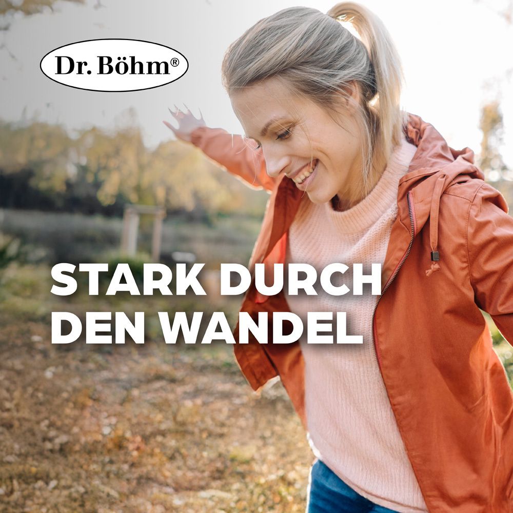 Frau im Freien. Text: Stark durch den Wandel. Logo: Dr. Böhm®.