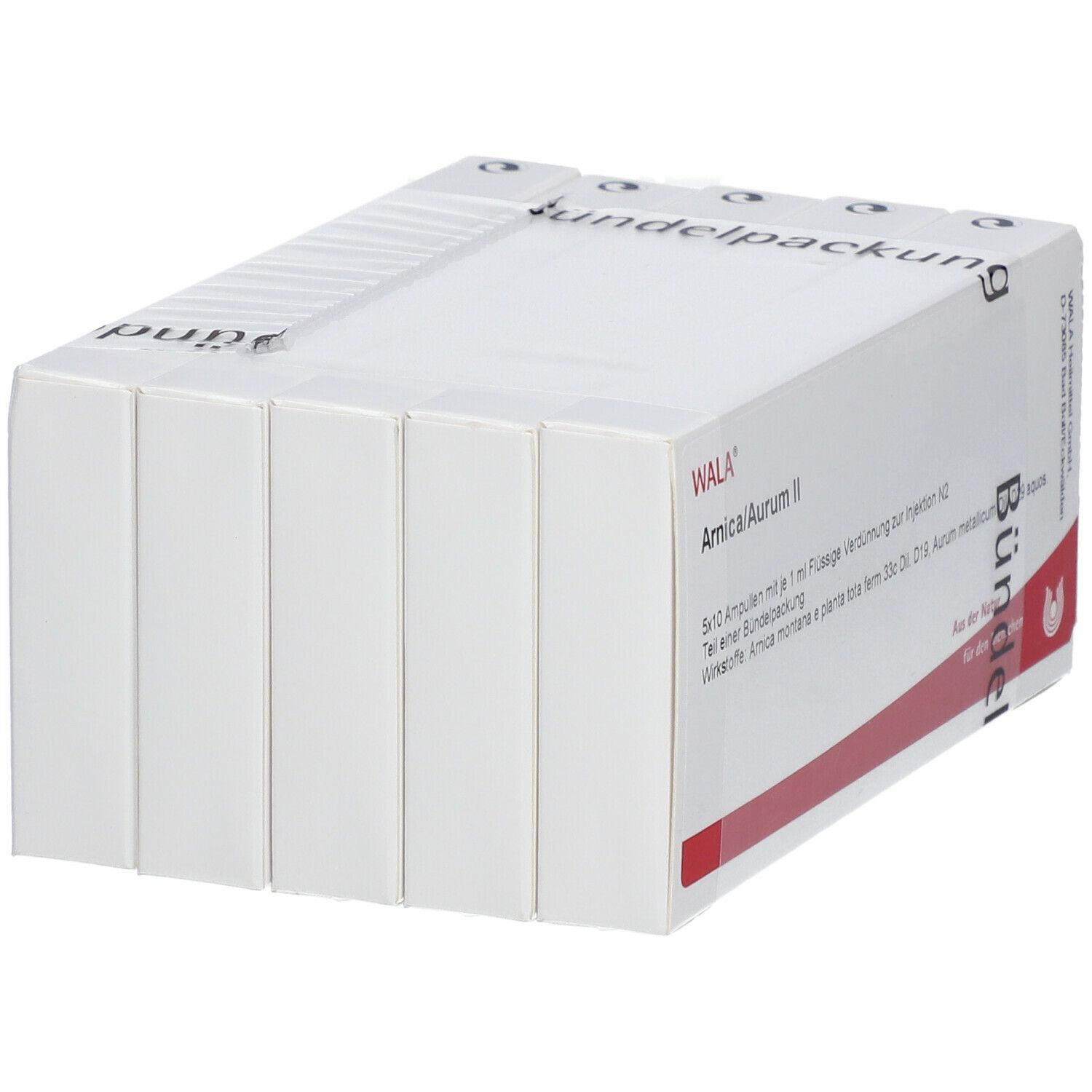 WALA Arnica/Aurum II Ampullen, 5x10er Packung. Weiße Verpackung mit roter Linie und Produktinformationen.
