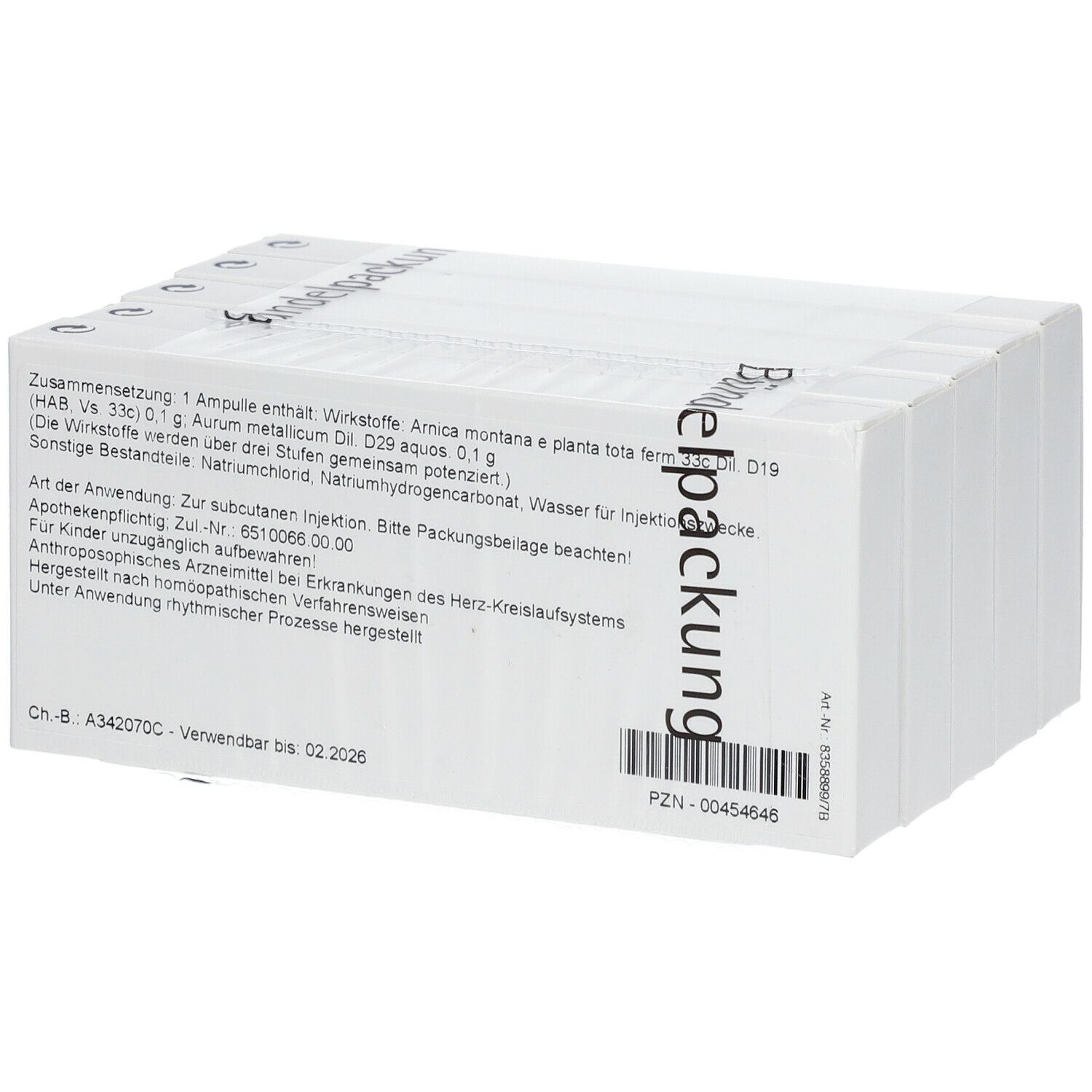 Rückseite der WALA Arnica/Aurum II Ampullen Packung. Textinformationen in deutscher Sprache.