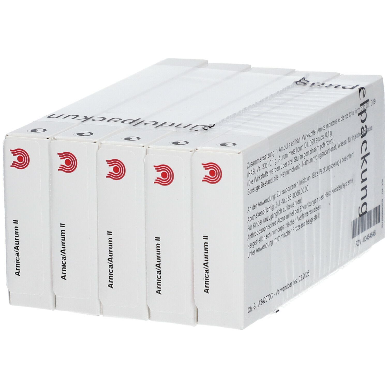 WALA Arnica/Aurum II Ampullen, 5x10er Packung. Weiße Verpackung mit Produktnamen.