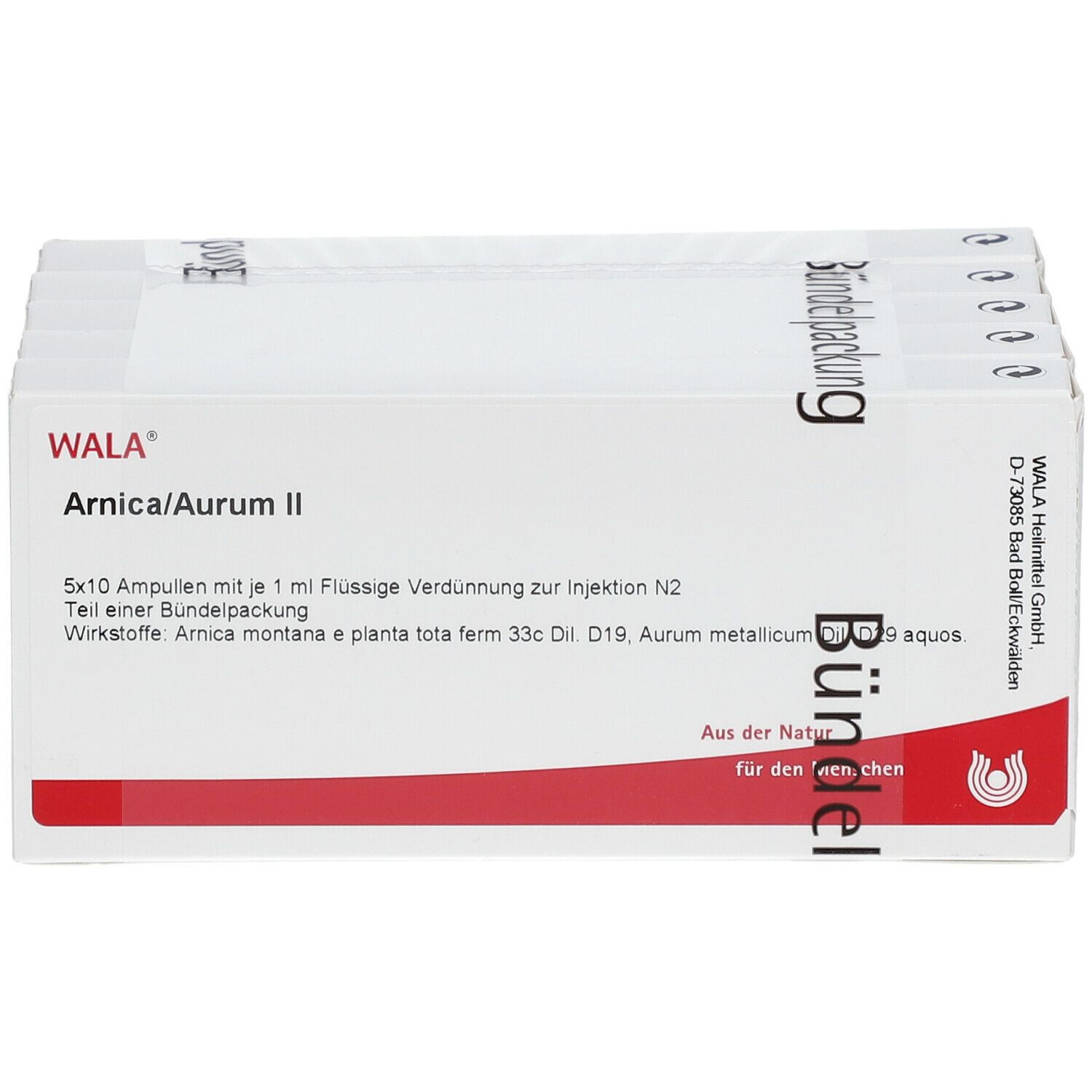 WALA Arnica/Aurum II Ampullen, 5x10er Packung. Weiße Verpackung mit Produktinformationen.