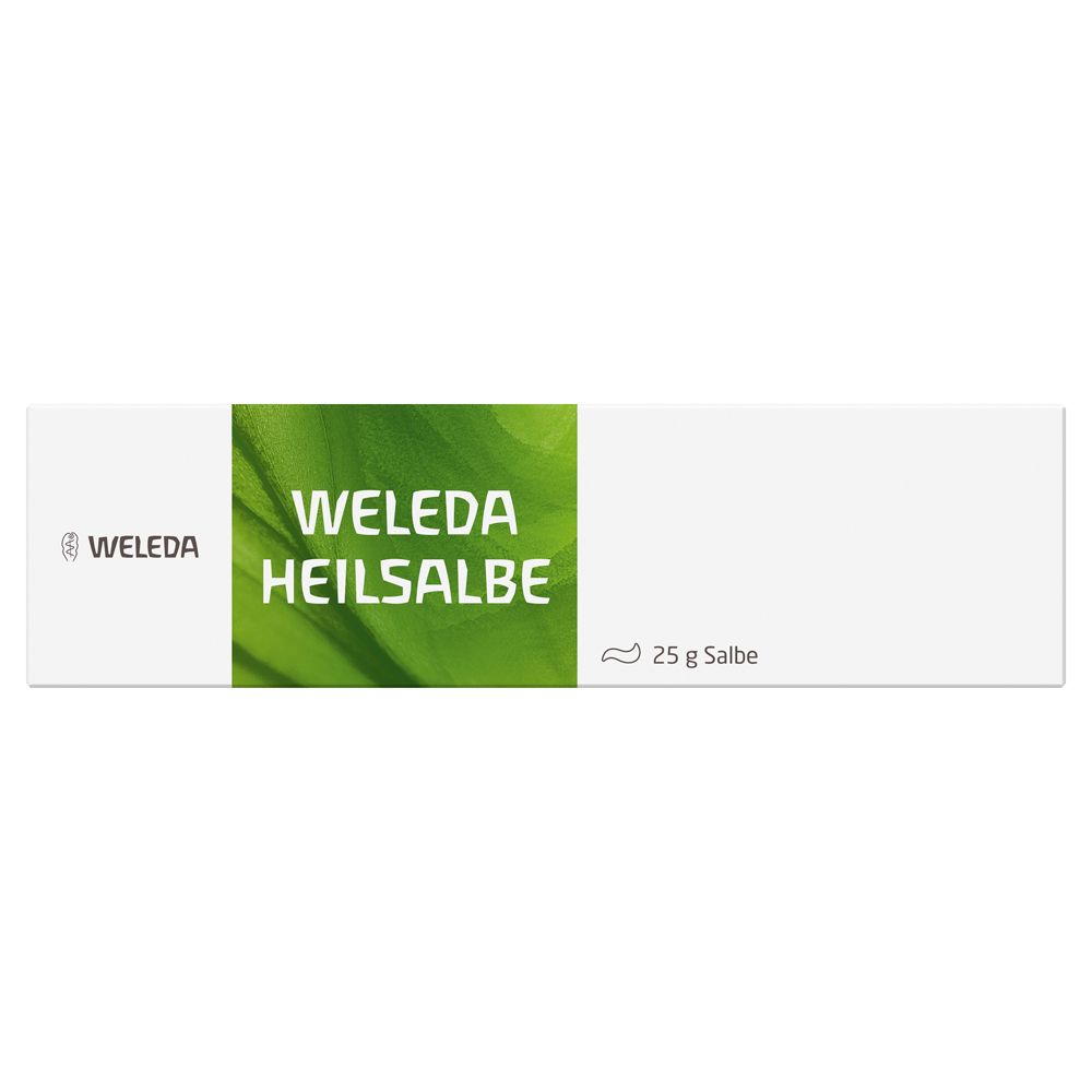 Weiße Schachtel mit grüner Aufschrift. "Weleda Heilsalbe" und "25 g Salbe".
