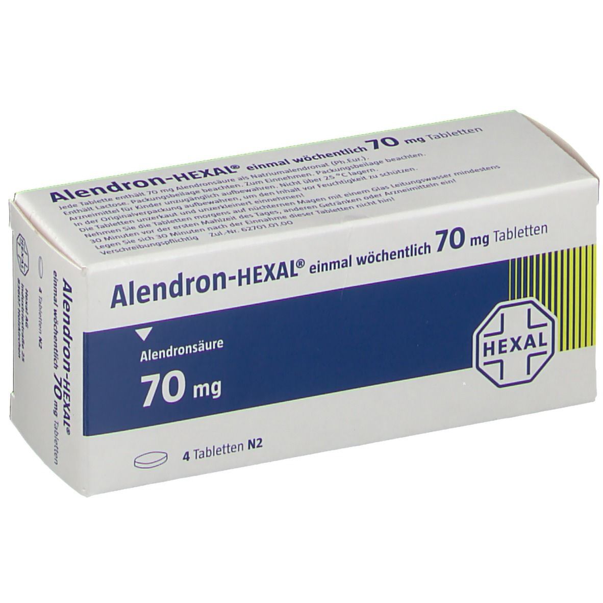 Schachtel mit ALENDRON-HEXAL Tabletten. Blaue und weiße Aufschrift. HEXAL Logo rechts unten. 4 Tabletten.