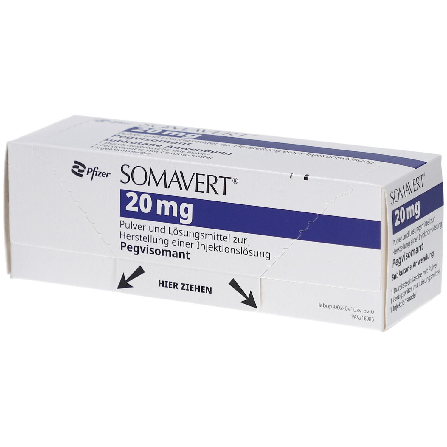 Weiße Faltschachtel mit SOMAVERT 20 mg Aufschrift. Pfeile mit "HIER ZIEHEN". Pfizer Logo.