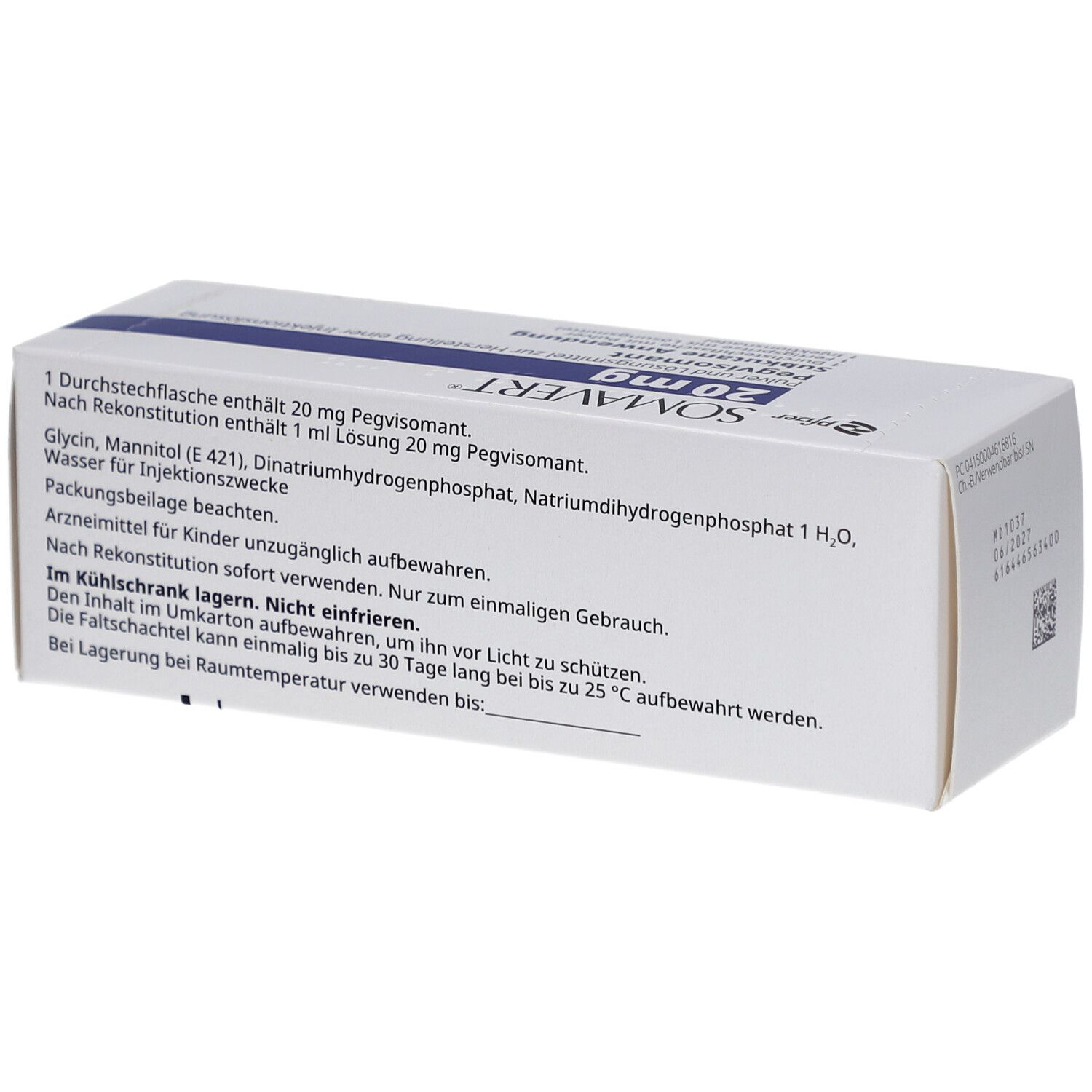 Weiße Faltschachtel mit Text. SOMAVERT 20 mg. Text mit Inhaltsstoffen und Lagerhinweisen.