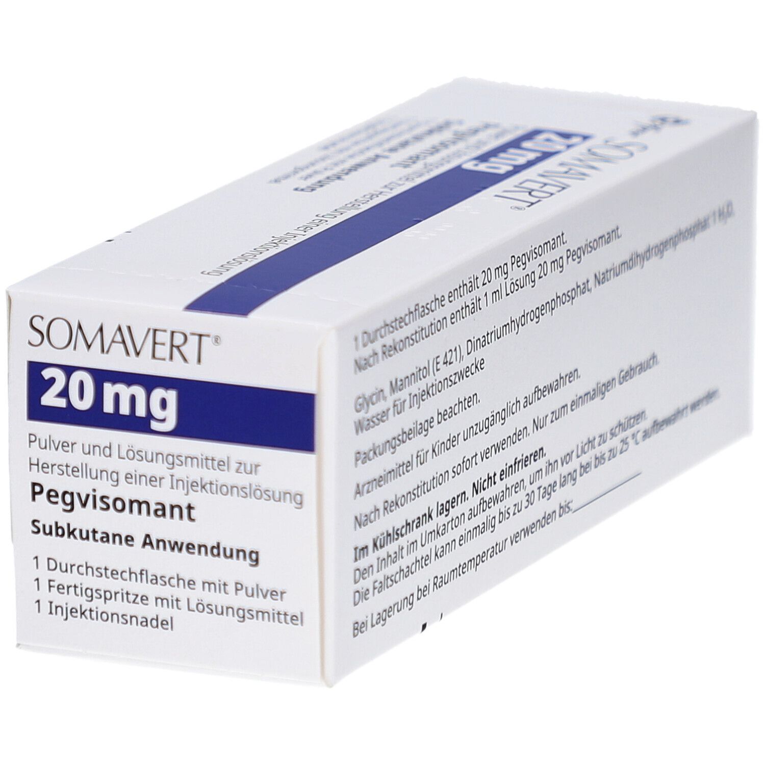 Weiße Faltschachtel mit Text. SOMAVERT 20 mg. Text mit Inhaltsstoffen und Anwendungsart.