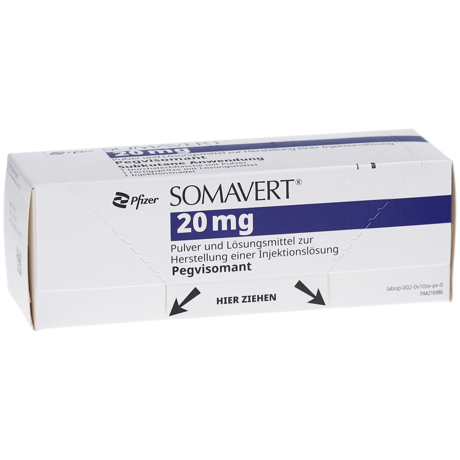 Weiße Faltschachtel mit SOMAVERT 20 mg Aufschrift. Pfeile mit "HIER ZIEHEN". Pfizer Logo.