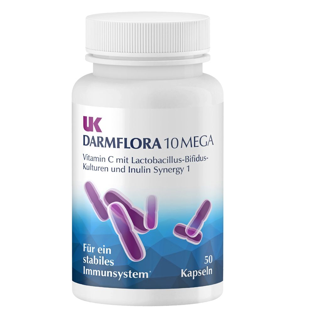 Weiße Flasche mit Schraubverschluss. Aufschrift: UK Darmflora 10 Mega. Enthält 50 Kapseln. Mit Vitamin C, Lactobacillus-Bifidus-Kulturen und Inulin.