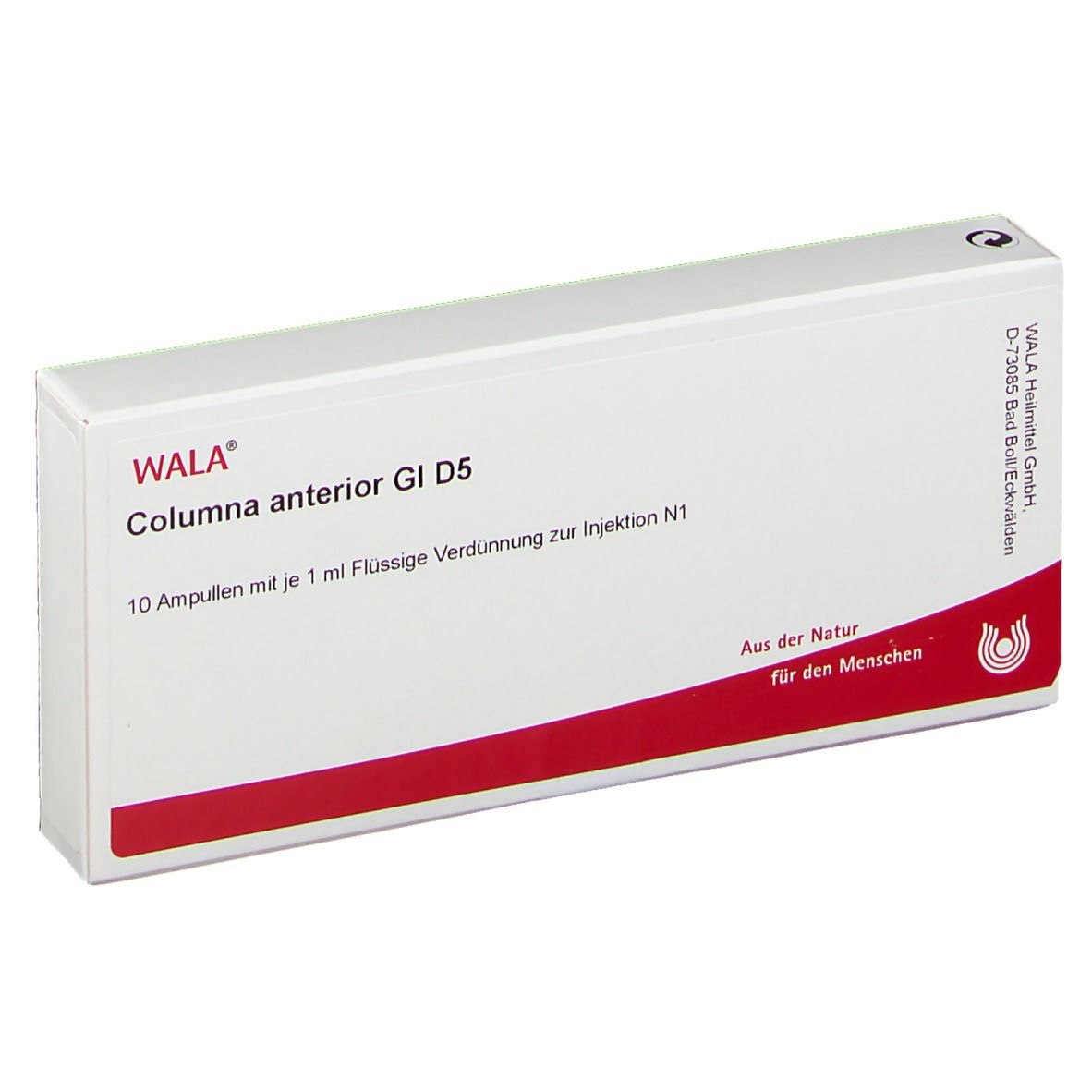 WALA® Columna anterior Gl D 5-Verpackung. Enthält 10 Ampullen. Rote und weiße Schachtel mit Produktnamen und Logo.