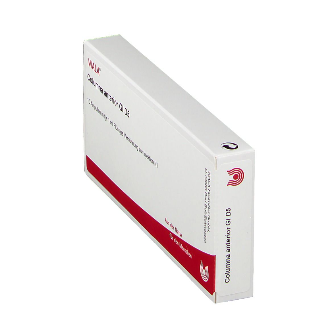 WALA® Columna anterior Gl D 5-Verpackung. Schachtel in Schrägansicht. Rote und weiße Farben. Produktname und Logo sichtbar.