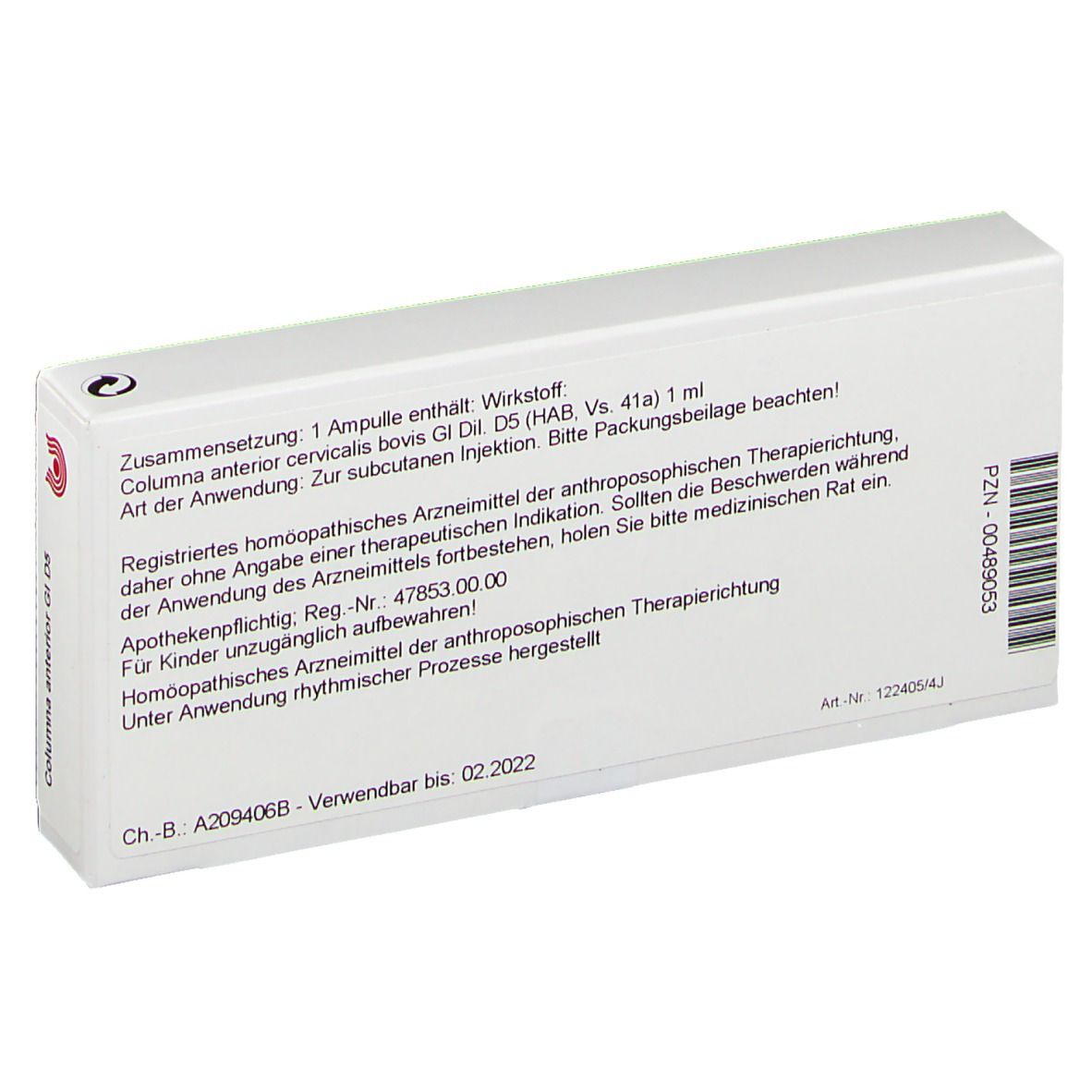 Rückseite der WALA® Columna anterior Gl D 5-Verpackung. Textinformationen, Inhaltsstoffe und Herstellerangaben.