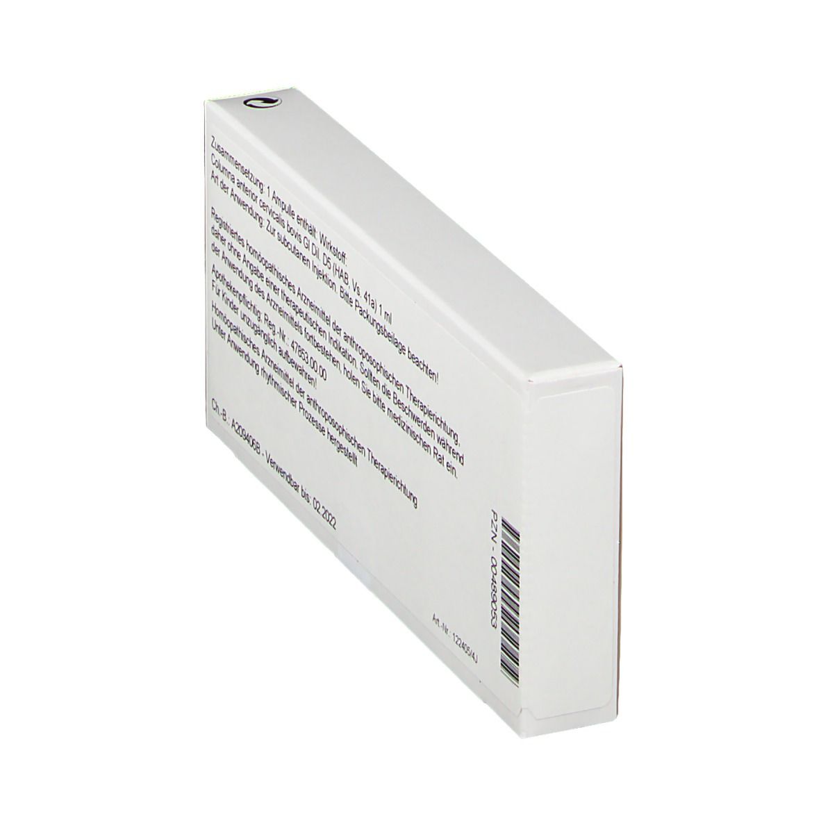 Rückseite der WALA® Columna anterior Gl D 5-Verpackung. Schrägansicht. Text und Barcode sichtbar.