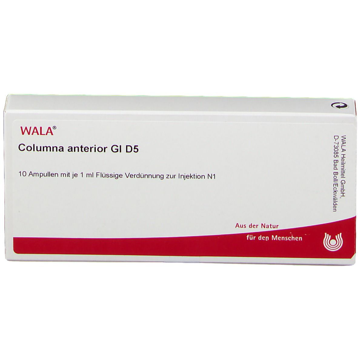 WALA® Columna anterior Gl D 5-Verpackung. Vorderansicht. 10 Ampullen. Rote und weiße Schachtel mit Logo und Namen.