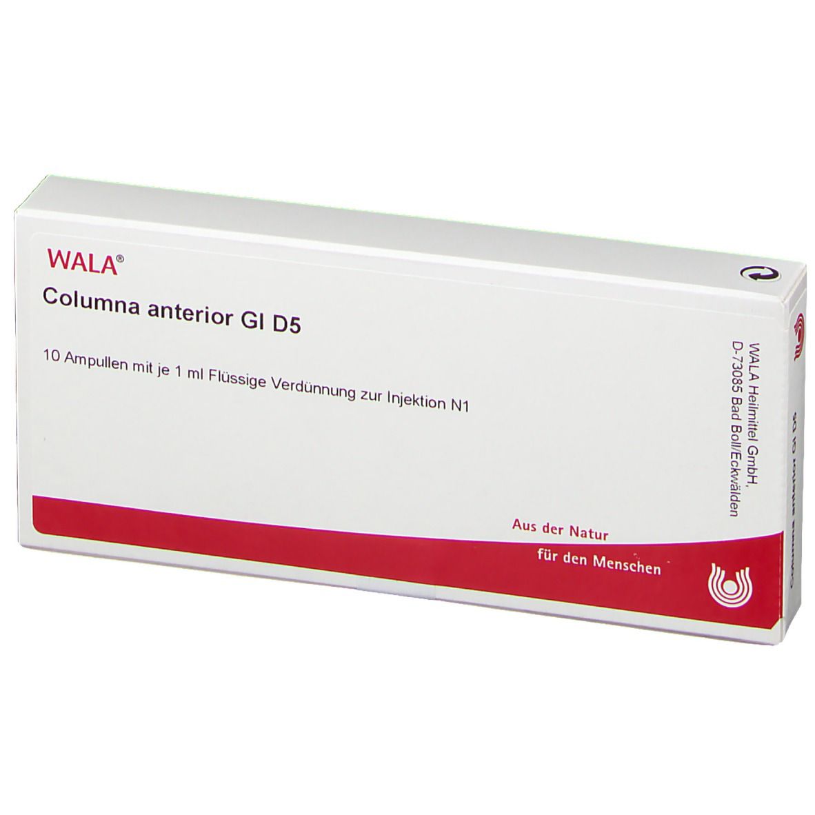 WALA® Columna anterior Gl D 5-Verpackung. Vorderansicht. 10 Ampullen. Rote und weiße Schachtel mit Logo und Namen.