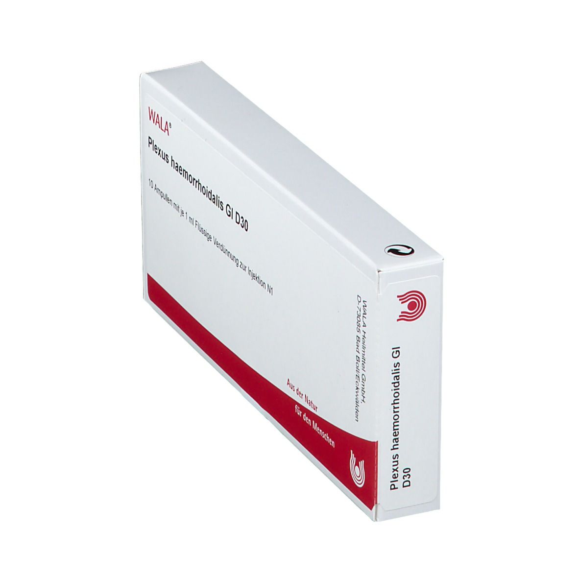 Schachtel in Schrägansicht. Beschriftung: WALA Plexus haemorrhoidalis GI D30. Roter Streifen am unteren Rand.