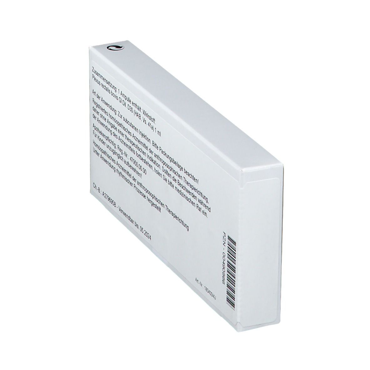 Schachtel von der Seite. Text und Barcode. Beschriftung: WALA Plexus haemorrhoidalis GI D30. Herstellerinformationen.