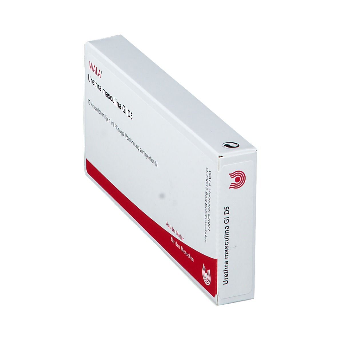 Weiße Schachtel mit rotem Streifen. Aufschrift: WALA® Urethra masculina Gl D 5. Schachtel schräg.