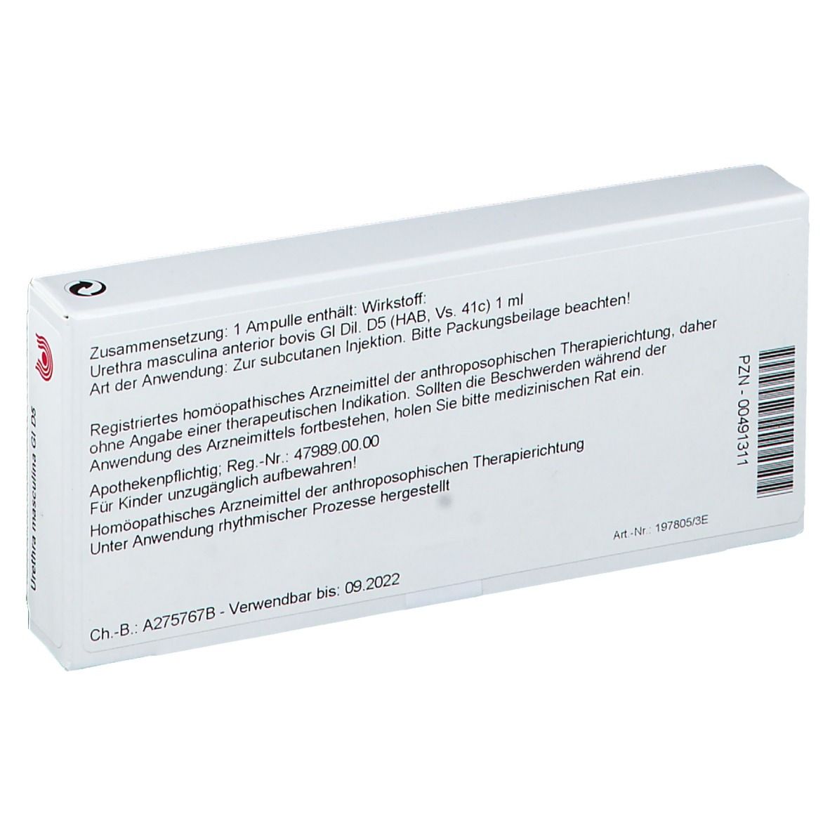 Rückseite der weißen Schachtel. Text: Zusammensetzung, Art der Anwendung, Apothekenpflichtig. PZN-00491311.