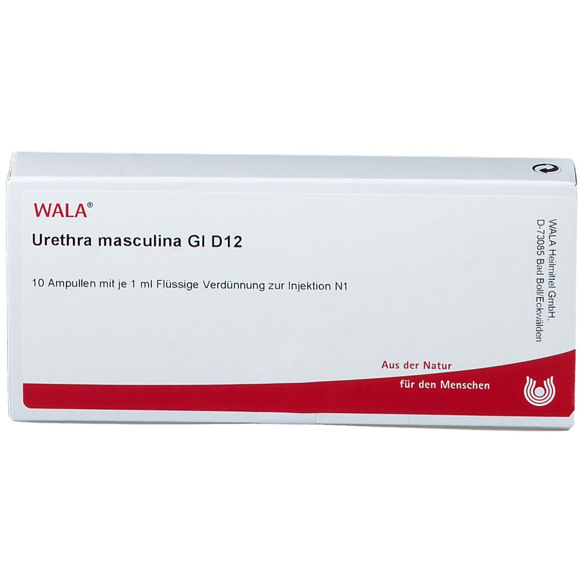 Weiße Schachtel mit roter Schrift. Beschriftung: WALA Urethra masculina GI D12. Enthält 10 Ampullen.