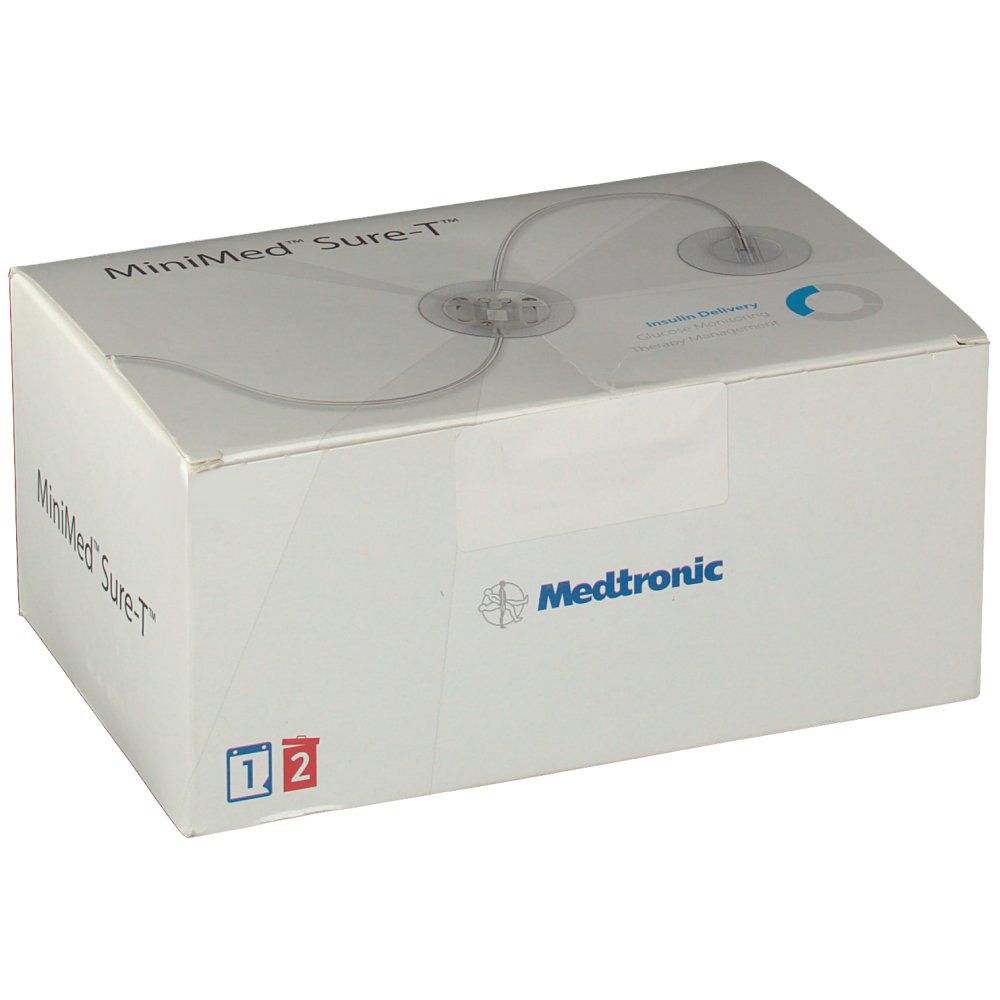 Weiße Kartonverpackung mit Produktnamen und Logo. Aufdrucke: MiniMed Sure-T, Medtronic Logo, 1 und 2.