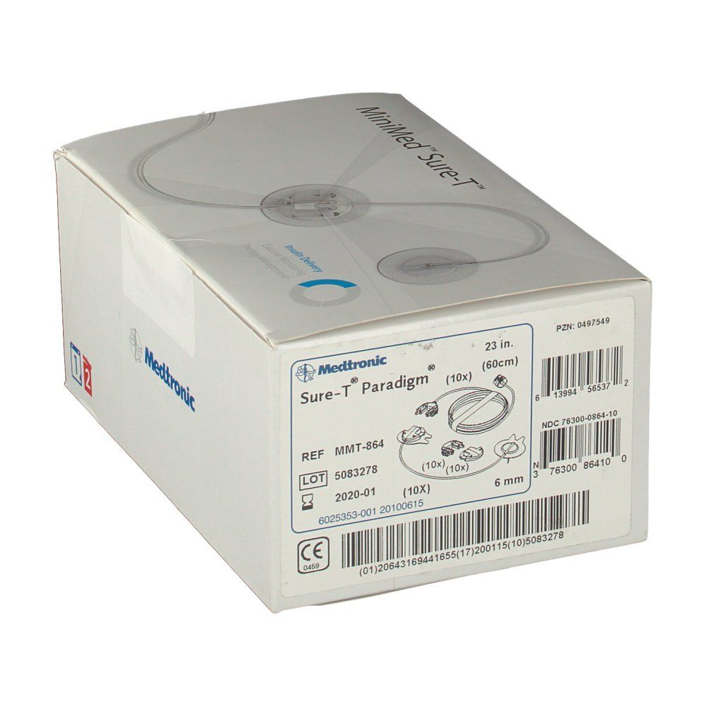 Kartonverpackung mit Produktnamen und technischen Daten. Aufdrucke: MiniMed Sure-T, Medtronic, 23 in (60cm), 6 mm.