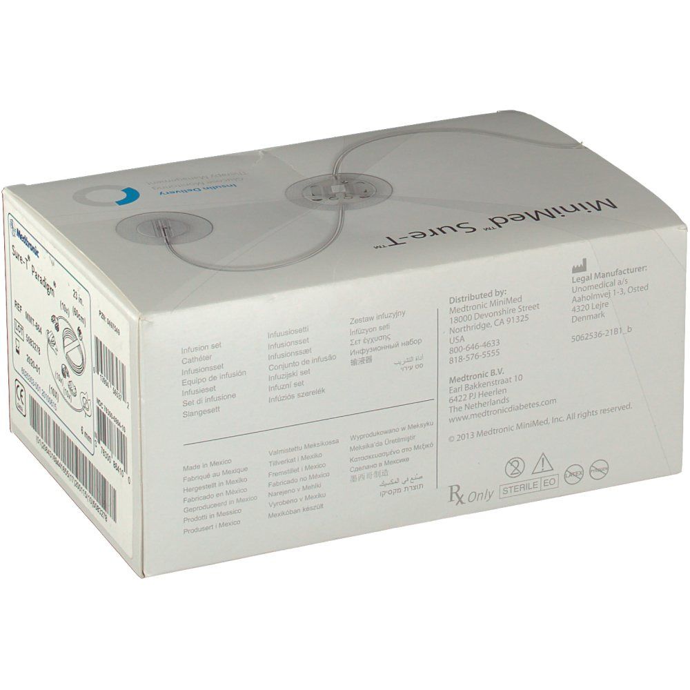 Kartonverpackung mit Produktnamen und technischen Daten. Aufdrucke: MiniMed Sure-T, Medtronic, verschiedene Sprachen, Rx only.