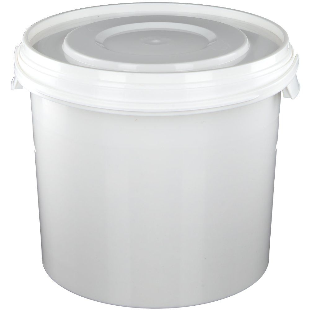 Weißer Eimer mit Deckel.  Seitenansicht.  Keine weiteren Informationen sichtbar.