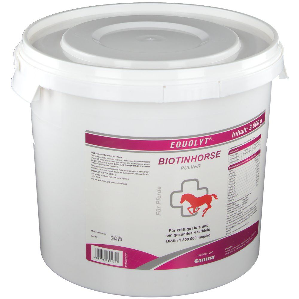 Weißer Eimer mit Deckel. Aufschrift: EQUOLYT BIOTINHORSE, Pulver. Logo: Pferd im Kreuz. Inhalt: 3.000 g. Marke: Canina.