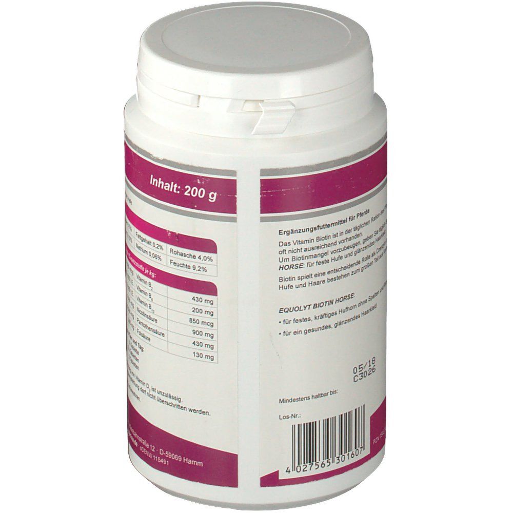 Weiße Dose, Rückseite mit Text und Inhaltsangabe: 200 g. Enthält: Rohfaser, Feuchte, Vitamin B. Text in deutscher Sprache.